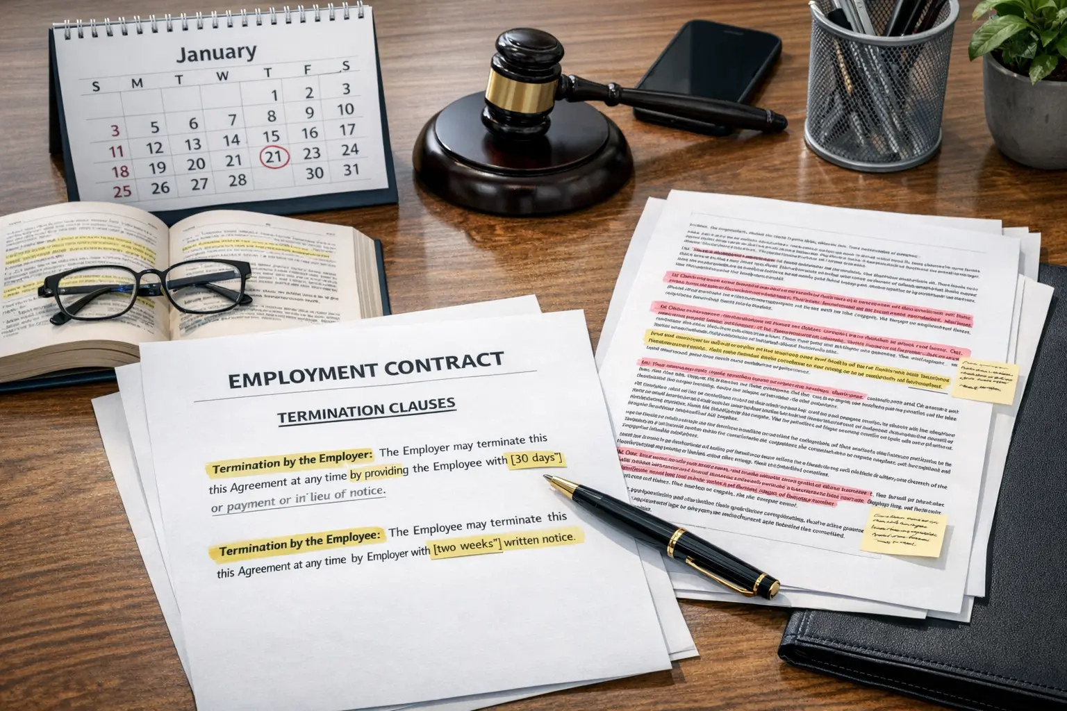 Kalender und Dokumente zeigen Kündigungsfristen im Arbeitsvertrag